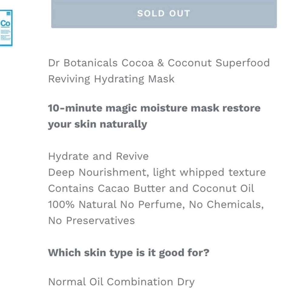DR BOTANICALS Superfood Mask Cocoa & Coconut Superfood Reviving Hydrating Mask - Picture 3 of 9